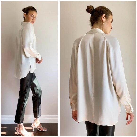 ARITZIA Wilfred 100% Cupro Collar Hi Low Button Up Long Sleeve Blouse Champagne - Picture 3 of 15